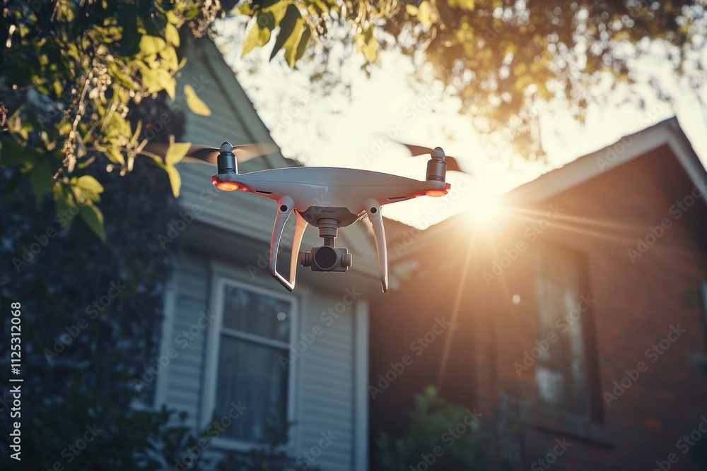Poster autonomous drone captured ascending from below while delivering package to porch in sharp morning su