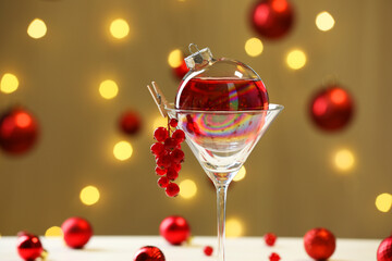 Creative presentation of Christmas cocktail in bauble and glass against dark beige background with blurred lights, closeup