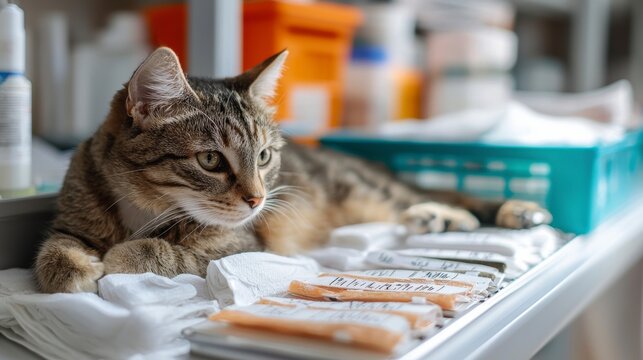 Veterinary care essentialscat resting near first aid supplies in clinic healing environment medical perspective
