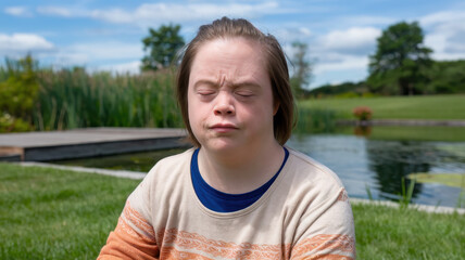 A young female with Down syndrome sitting by a serene pond, wearing a cozy sweater, expressing a thoughtful mood against a vibrant natural backdrop.