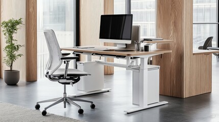 Modern ergonomic office workstation with adjustable height desk