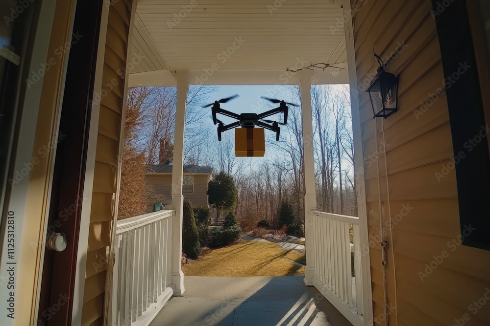 Poster autonomous drone captured from below as it ascends after delivering a package to a porch with sharp 
