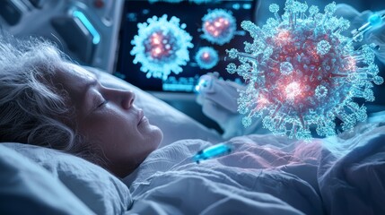 A person lies in a hospital bed, connected to medical equipment, as a digital representation of a virus hovers nearby, symbolizing health challenges.