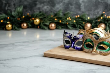 festive kitchen decor, vivid mardi gras masks and beads adorn a wood board in a vibrant, contemporary kitchen, exuding opulence