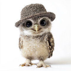 Obraz premium Adorable baby owl wearing a tiny knitted hat, standing against a white background, showcasing its fluffy feathers and captivating wide eyes.