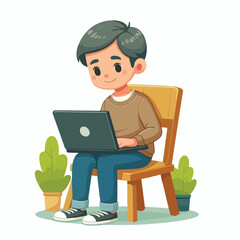 a boy is using his laptop vector