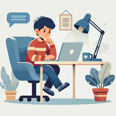 a boy is using his laptop vector