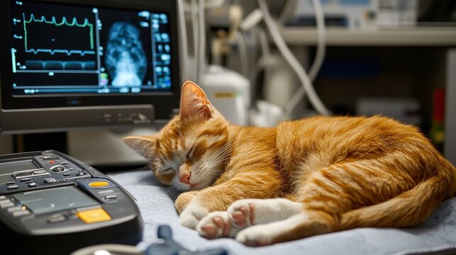 Veterinary ultrasound exam for cat animal clinic medical equipment veterinary room close-up animal care and technology
