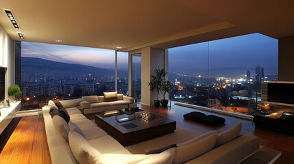 Obraz premium Luxury Penthouse Apartment with Breathtaking Cityscape View at Night