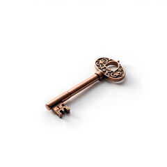 Intricate copper key with ornate design on white background for vintage accessory searches, photography of still life concept.