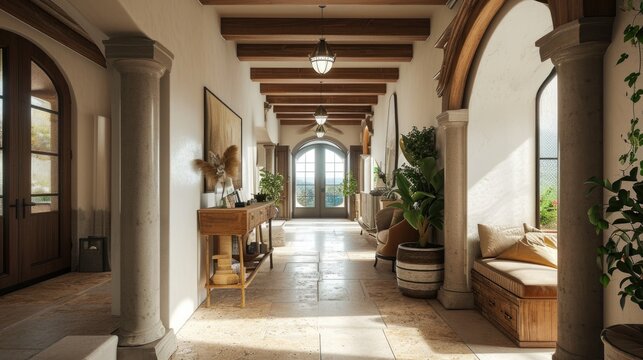 Rustic Farmhouse Hallway. Modern Entrance Design with Curved Columns in a Country House