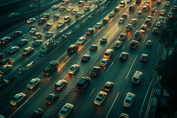 Aerial View of Busy Expressway and Autobahn, Top-Down Perspective of Traffic and Road Infrastructure, Professional Photography


