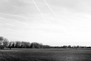 Contrails marking the sky over middlesex filter beds nature reserve in monochrome