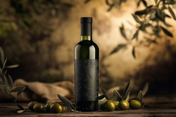 Obraz premium Olive Oil Bottle Surrounded by Olives and Olive Leaves