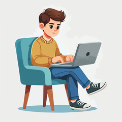 a boy is using his laptop vector
