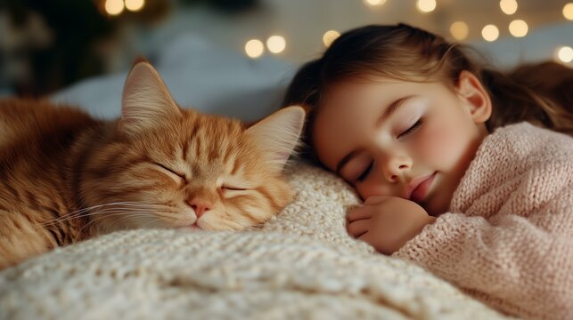 Peaceful slumber: child and cat sleeping comfortably under warm lights