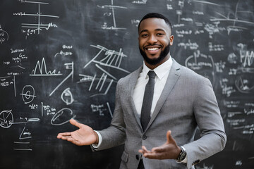 Confident teacher or professional in a suit standing in front of a chalkboard with diagrams and formulas, symbolizing education, success, and expertise in a professional setting