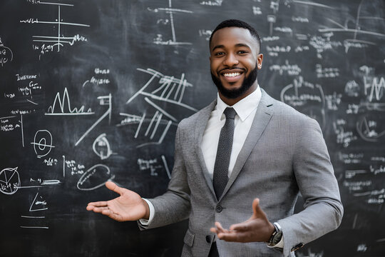 Confident teacher or professional in a suit standing in front of a chalkboard with diagrams and formulas, symbolizing education, success, and expertise in a professional setting