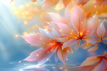 Autumn leaves, illuminated by the morning sun, form a vivid dreamlike scene with delicate colors.