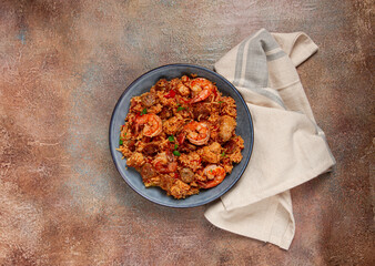 Jambalaya, Creole dish, American pilaf, rice with chicken and shrimp, vegetables, homemade, no people,