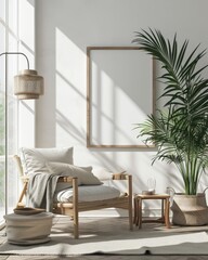 Scandinavian Home Interior with Blank Mockup Poster Frame in Modern Living Room