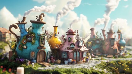 Whimsical teapot village on a sunny hill.