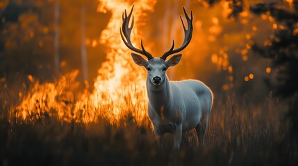 A majestic white deer with perfect antlers, and beautiful fire effects