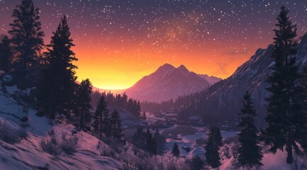 Beautiful Sunrise Over Snow-Capped Mountains with Starry Sky and Pine Forest