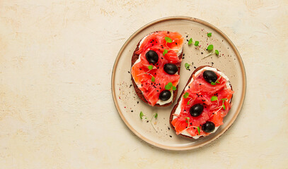 sandwiches with red fish, cream cheese, olives and microgreens, breakfast,
