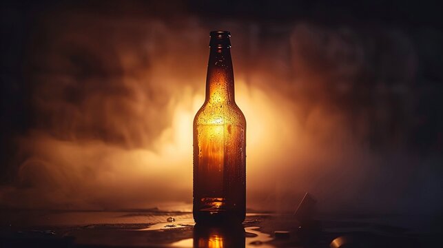 Backlit amber beer bottle glowing in a dramatic moody landscape featuring a cloudy misty sunset sky  The bottle is reflected in the wet ground creating a serene atmospheric composition