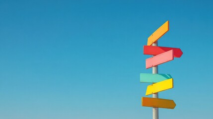 Colorful directional signs under clear sky, symbolizing choices and directions, used for mockup and messages design.