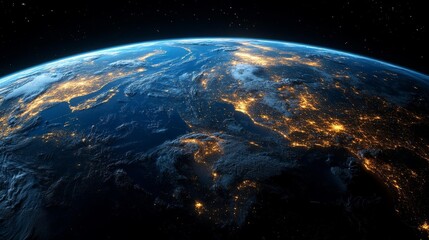 Obraz premium 3D render of Earth with golden light lines representing global network and connectivity. Generative AI