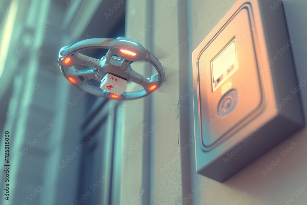 Poster close-up view of an autonomous drone releasing a package into a smart delivery locker with sharp aft