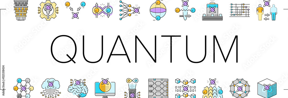 Poster quantum technology data science icons set vector. computer tech, abstract ai, network cyber, chip se