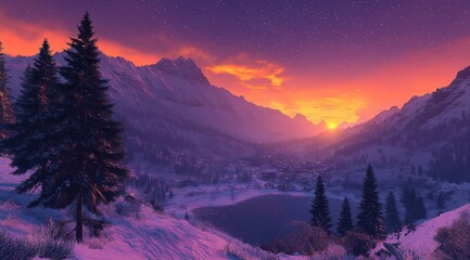 Beautiful Sunrise Over Snow-Capped Mountains with Starry Sky and Pine Forest