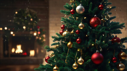 Decorated Christmas tree near fireplace with falling snow.