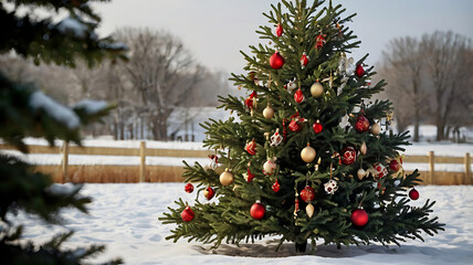 Decorated Christmas tree outdoors in snowy winter landscape.