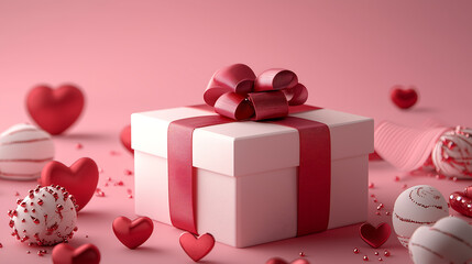pink gift box with a red ribbon sits amidst red hearts and decorative spheres on a pink background A romantic Valentines Day scene