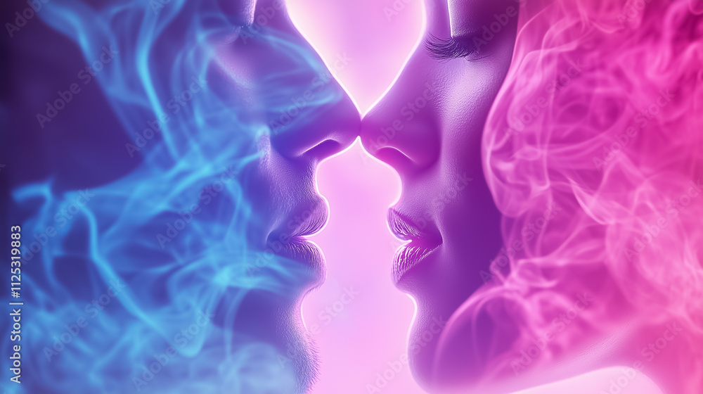 Poster two faces lean towards each other, their features enveloped in colorful sound waves representing rom
