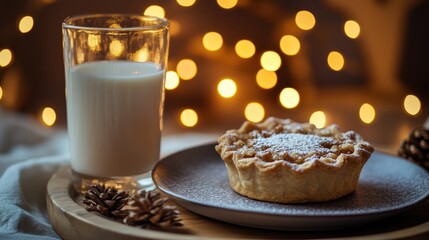 Holiday dessert with warm pie and glass of milk on a wooden tray with festive lights in the background