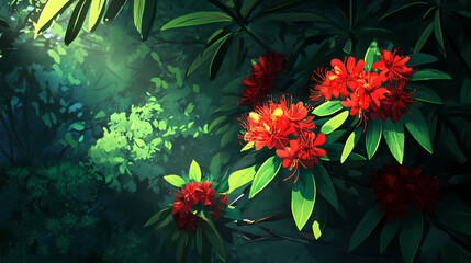 Vibrant red flowers in foliage - lush, exotic bloom. Lush. Illustration