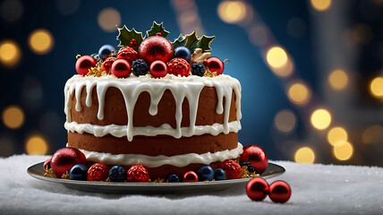 Delicious Christmas cake decorated with berries and baubles on snowy surface.
