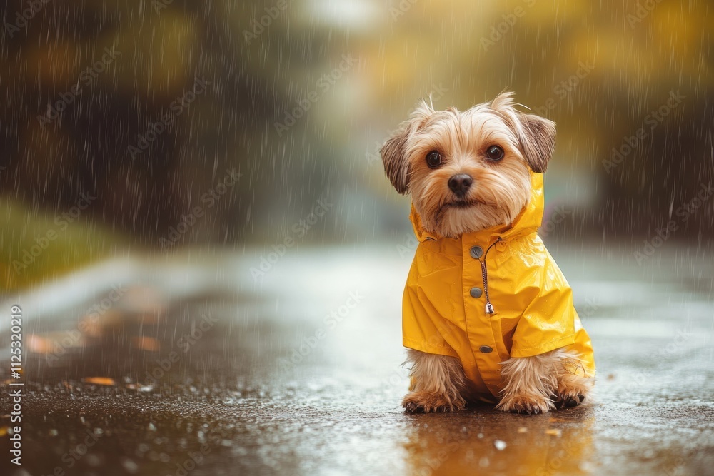 Poster a playful small dog sits on a wet path wearing a bright yellow raincoat while light rain falls, crea