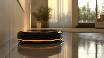 Robotic vacuum cleaner on the floor in the living room with warm soft light
