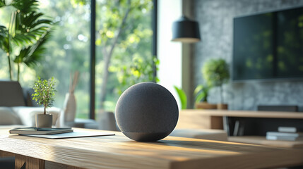 Sphere-shaped smart speakers on the wooden table in the modern room with plants and floor-to-ceiling windows