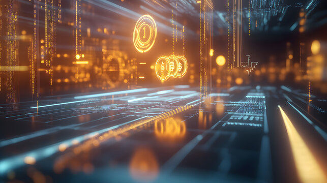 concept of financial growth in 2025 with virtual currency icons and futuristic stock market graphics