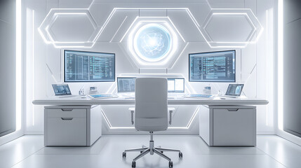 2025 vision of a digital nomad workspace with advanced laptops, holographic screens, and ergonomic setups, isolated on a seamless white background