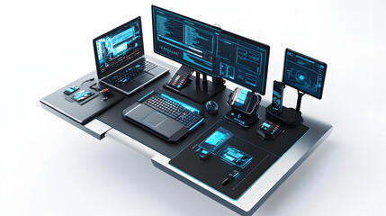 2025 vision of a digital nomad workspace with advanced laptops, holographic screens, and ergonomic setups, isolated on a seamless white background