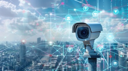 A video surveillance camera representing AI surveillance technologies. The concept of connecting to a high-tech fiber-optic security network. Traffic and city safety