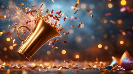 Golden Party Horn with Colorful Fireworks and Party Hats. Generative AI